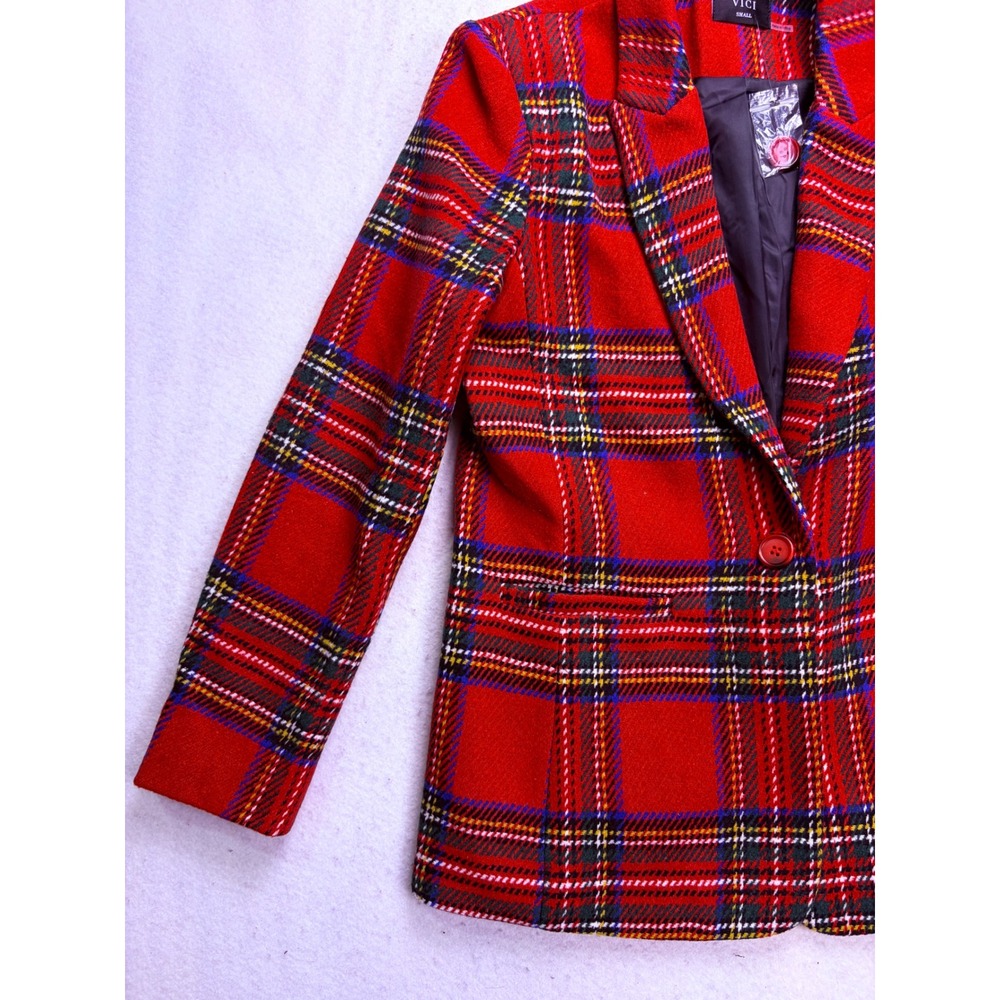 VICI Plaid Blazer Women Small Red Tartan Checkered One Button Preppy Office - Picture 3 of 9